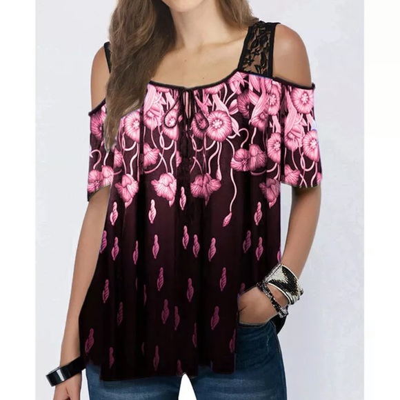 Floral & Lace Open Shoulder Shirt! - Picture 1 of 4